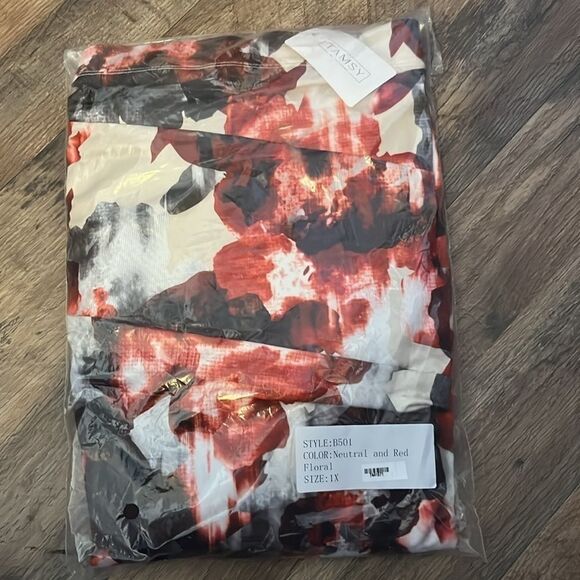 Tamsy Red and Neutral Floral Asymmetrical Midi Skirt S1x CLOSET CLEAR OUT SALE! - Picture 5 of 5